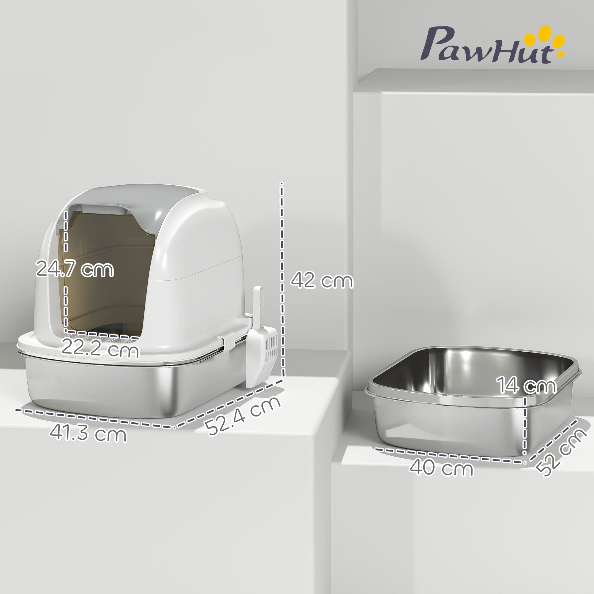 PawHut Stainless Steel Cat Litter Box With Lid, For Cats, Enclosed Cat Litter Box With Flip Cover, Scoop