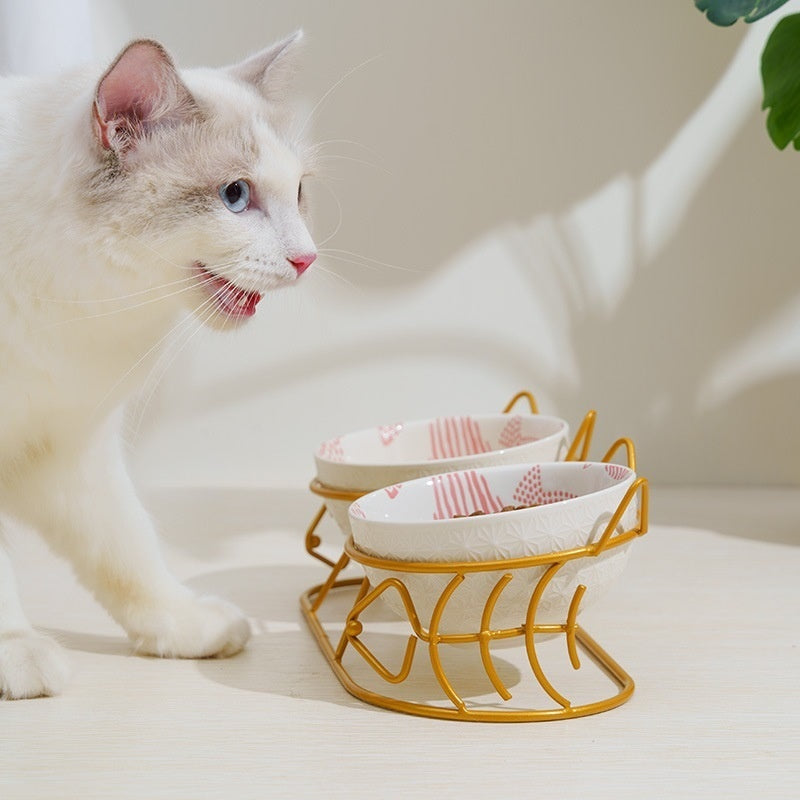 Pet Cat Bowl Ceramic Double Bowl Protection Cervical Spine Fixed Tilt