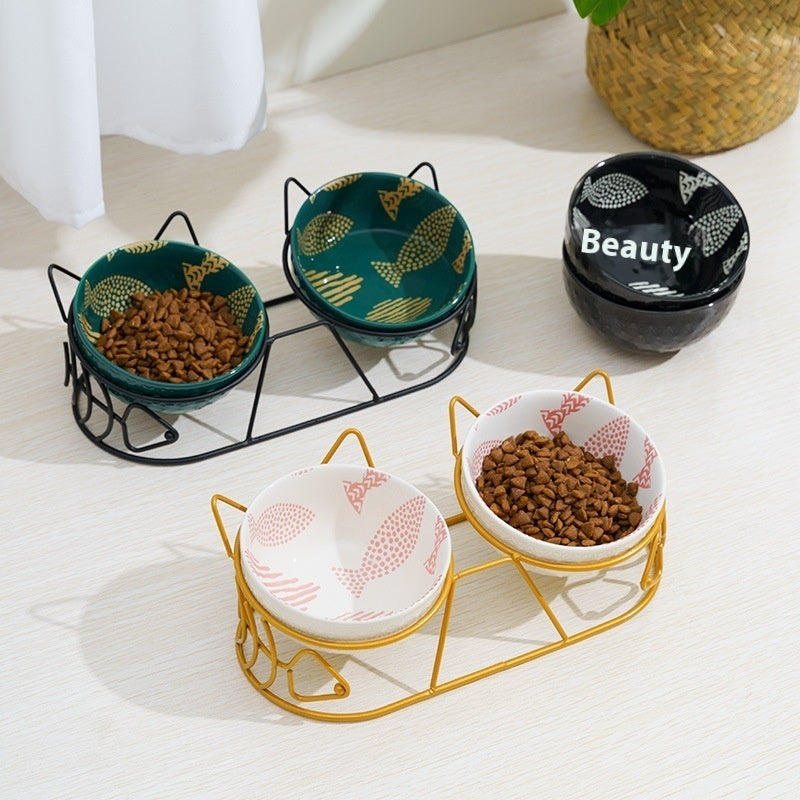 Pet Cat Bowl Ceramic Double Bowl Protection Cervical Spine Fixed Tilt